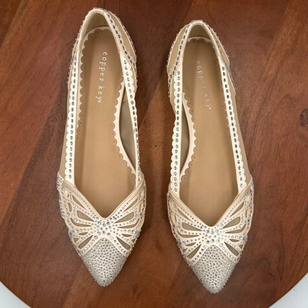 Copper Key Ritzie Satin Mesh Rhinestone Butterfly‎ Flats Bridal Fairy Glam W 8.5